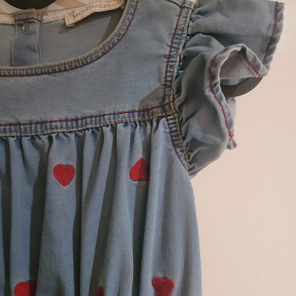 Monnalisa Denim Smock Dress w/ Heart detail and Bow Belt - Picture 2 of 9